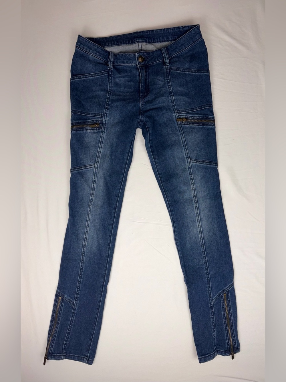 BCBGMaxAzria Dark Blue Moto Skinny Jeans Cyber-Y2K Tactical Jeans size 30 - Picture 1 of 13